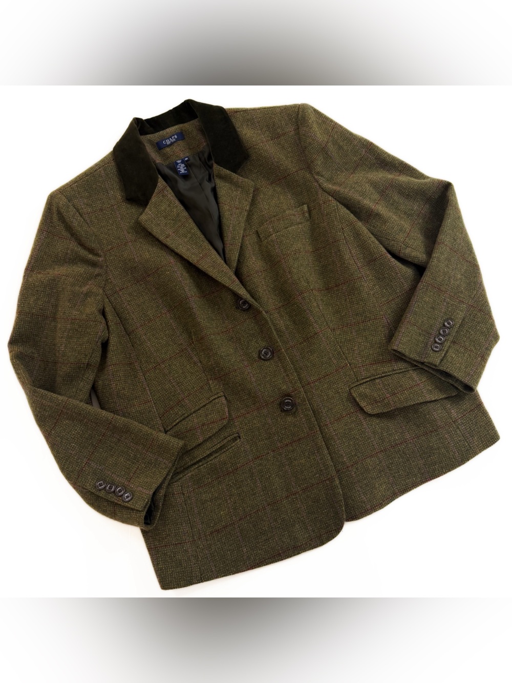 Chaps Blazer Jacket Womens 18W Green Plaid Dark Academia Wool Vintage